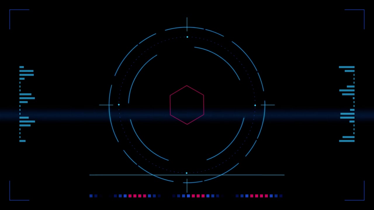 Futuristic Digital HUD Interface with Rotating Hexagon and Data Gauges