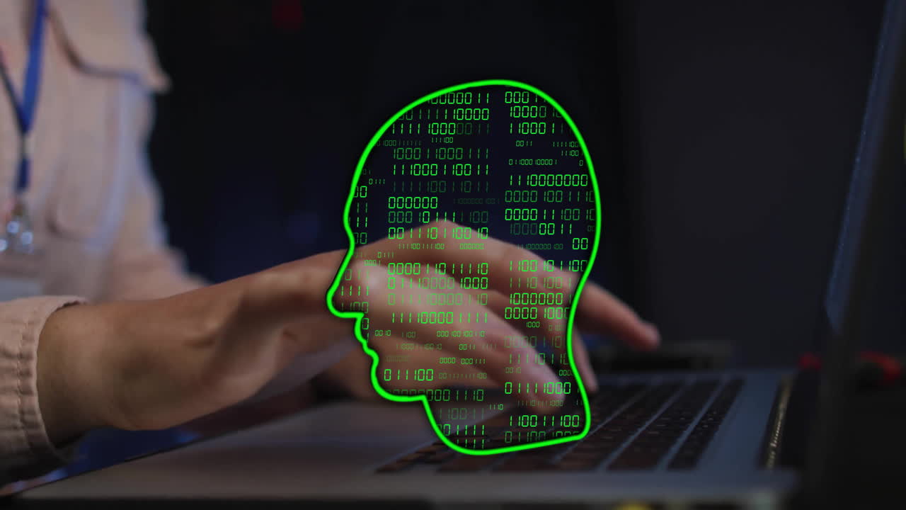 escribir en una computadora portátil, entregar código binario y animación de la cabeza humana