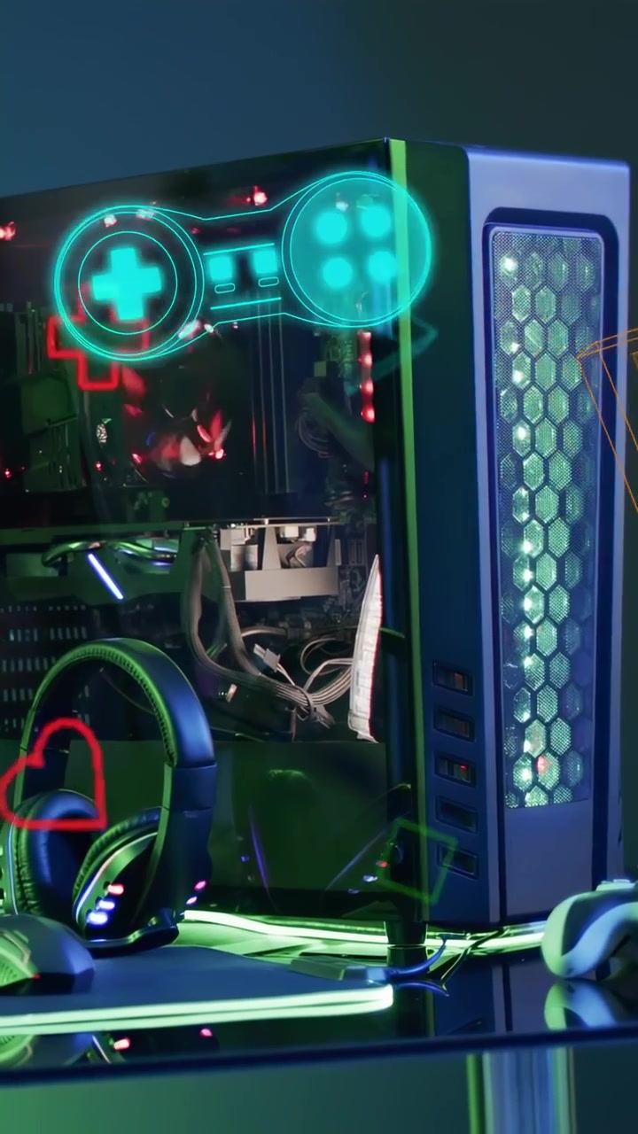 Vertical video: At boot neon icons sliding, rotating, and fading over gaming PC, showing RGB fans