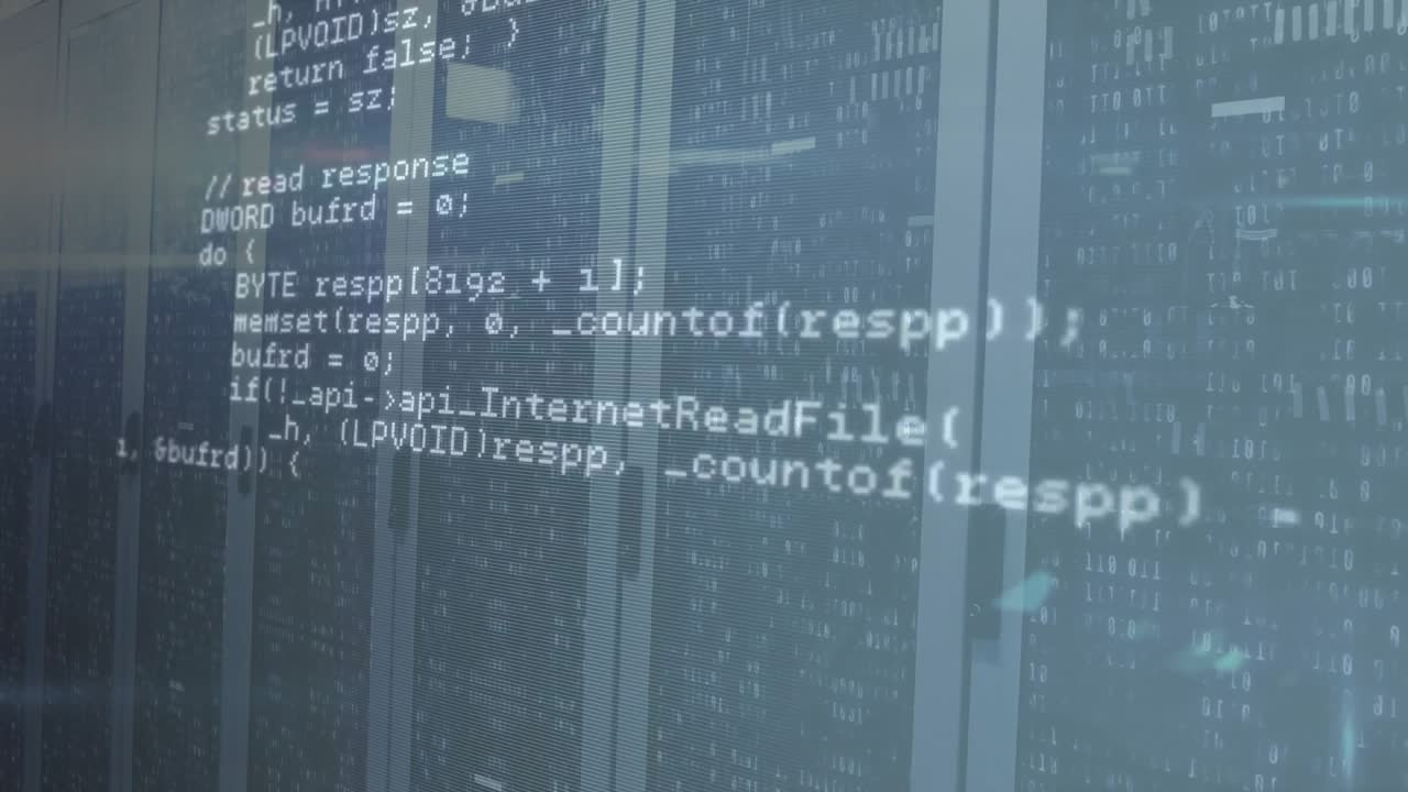 Udløst af skærmaktivering viser et blåtonet panel C++-kode, der ruller opad til en debug-demonstration.