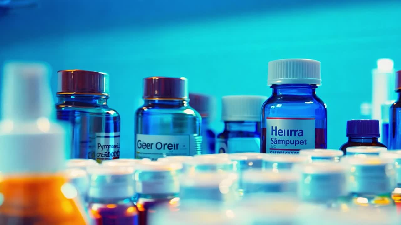 Medicine bottles on a pharmacy shelf