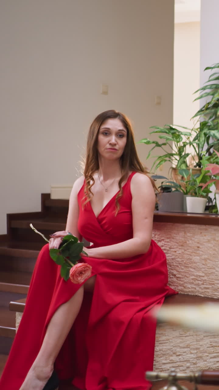 Sad woman with rose poses for artist in gallery. Seductive lady in red slit gown sits while artist mixes shades on board at live drawing. Model picture