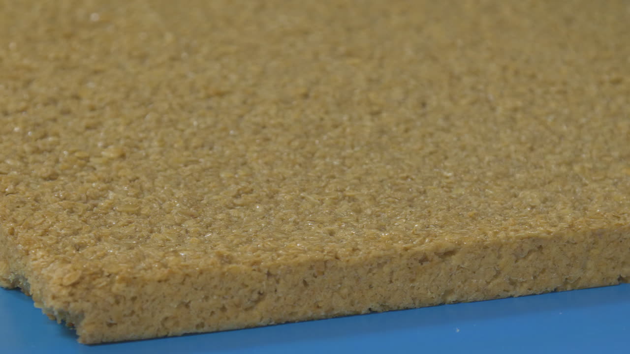 una gran rebanada de flapjack se mueve a lo largo de un transportador construido listo para la producción en fábrica