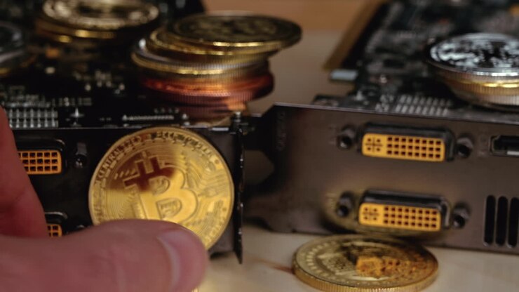 Bitcoin dourado e prateado, criptomoeda com moedas de dólar antigas, close-up, mineração de placa de vídeo gráfica