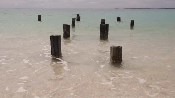 Pali di legno nell'oceano in Indonesia