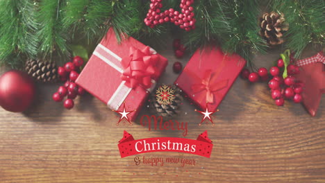 animación del texto de feliz navidad sobre decoraciones en fondo de madera