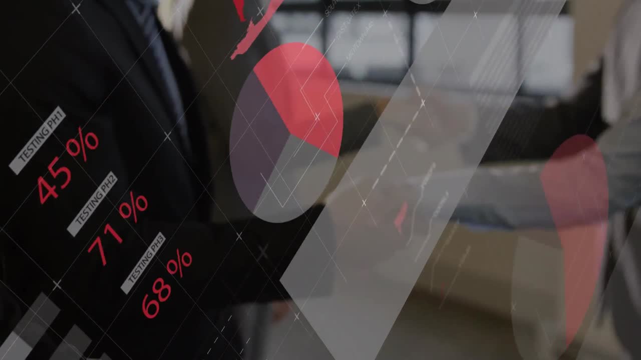 사무실에서 손을  ⁇ 는 사업가들의 중간 부분에 대한 통계 데이터 처리