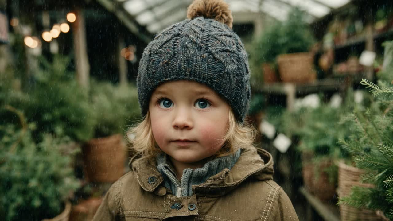A Young Child in a Cozy Knitted Hat Stands Among Lush Greenery in a Charming Plant Shop, Capturing the Essence of Childhood Wonder and Nature's Beauty