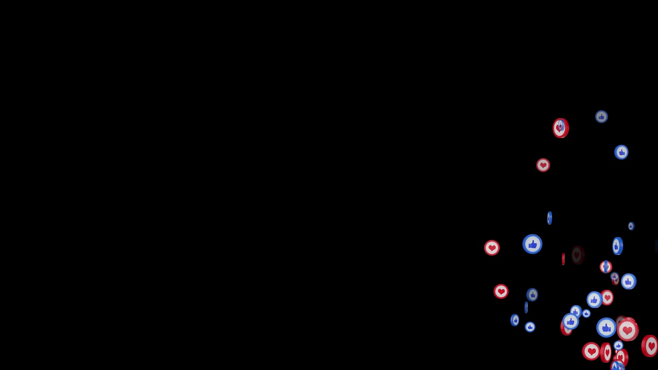 Floating like heart button visual with red and blue social symbols rising from the lower corner over
