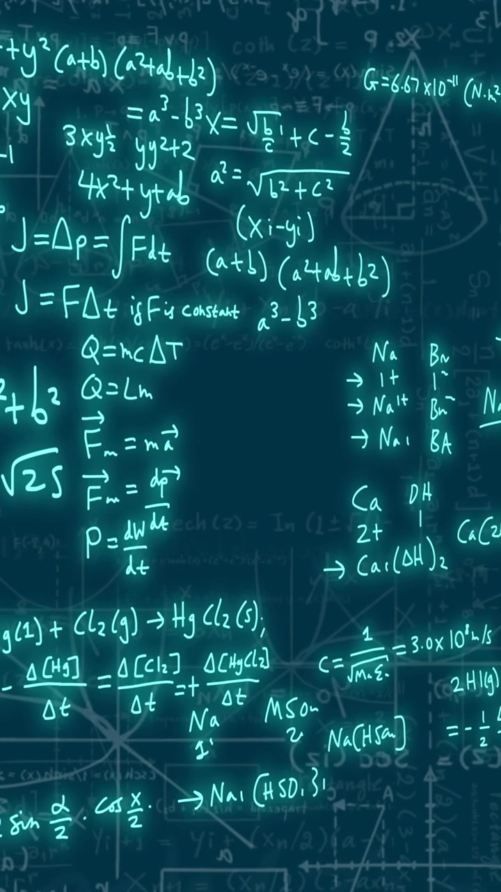 Animation of mathematical formulae and scientific data processing over black background