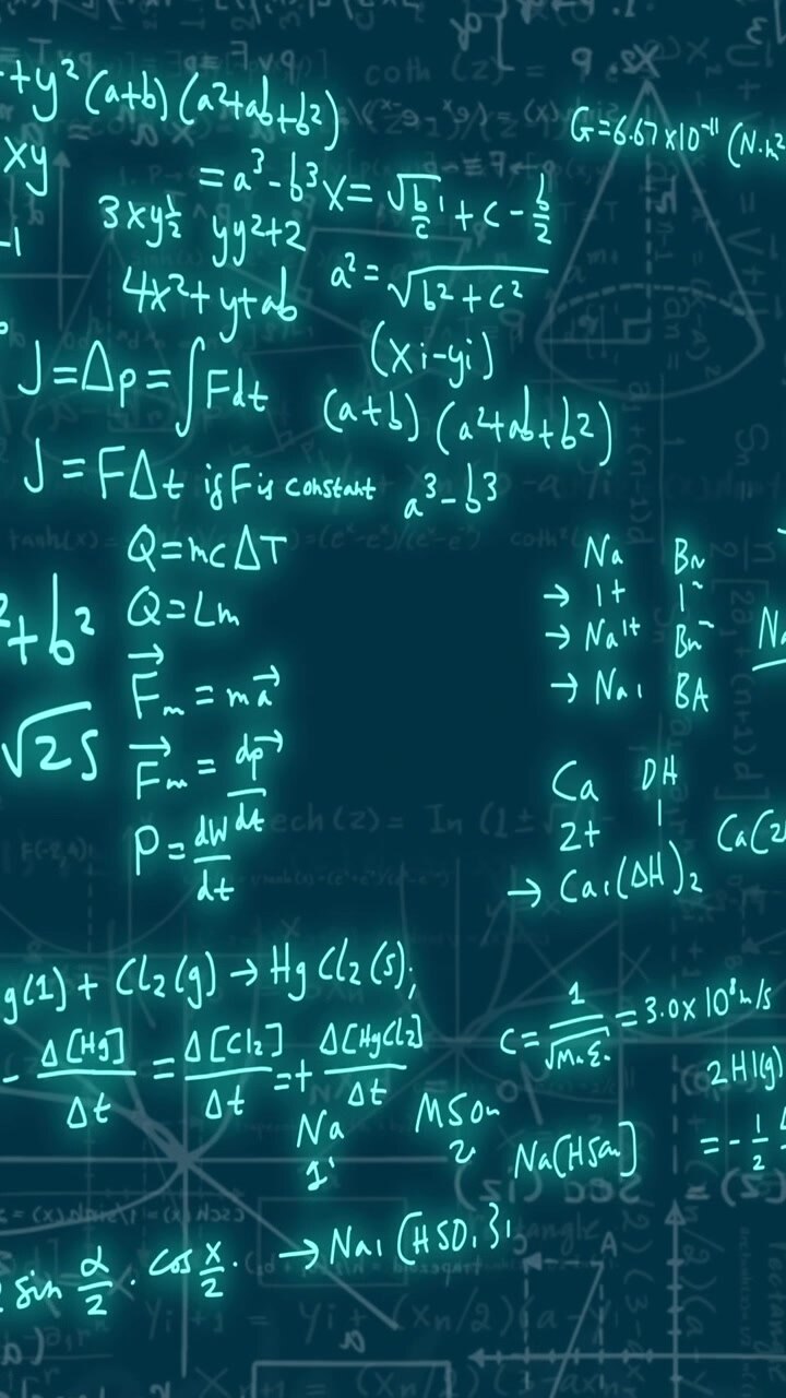 Animation of mathematical formulae and scientific data processing over black background