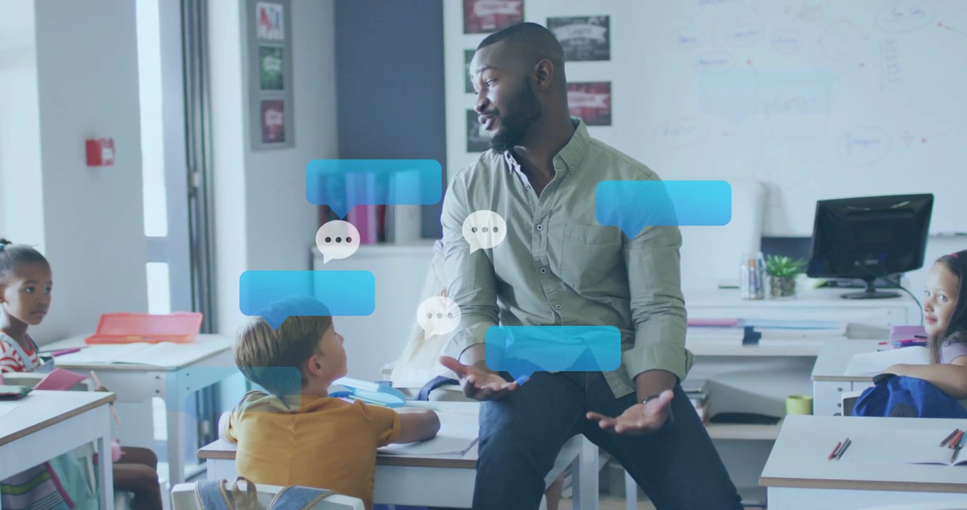 Teacher starting speaking and gesturing, speech bubbles multiplying and floating to engage students