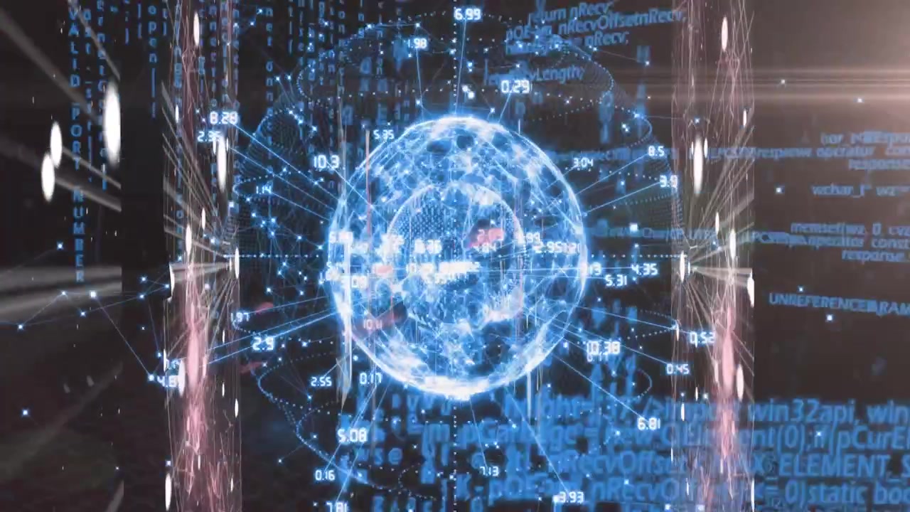 Wireframe sphere forming, generating labels, activating columns, pulsing rings visualizing data
