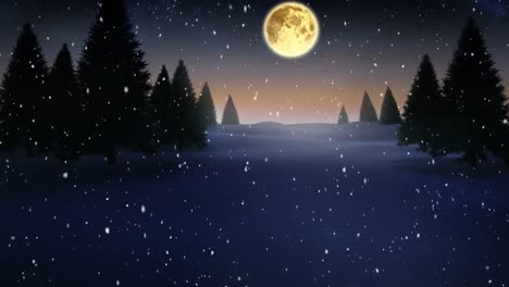 Schnee-Fällt-über-Winterlandschaft-Mit-Bäumen-Gegen-Mond-Am-Nachthimmel