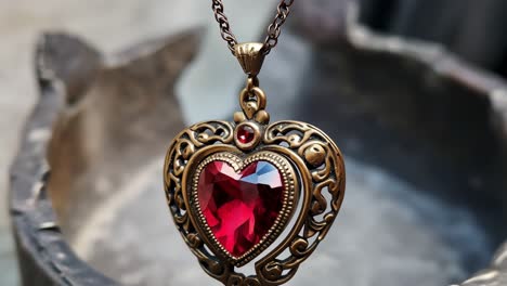 rotating ornate golden pendant featuring large heart shaped red gemstone, displaying intricate metalwork and gleaming gem surfaces with soft focus backdrop