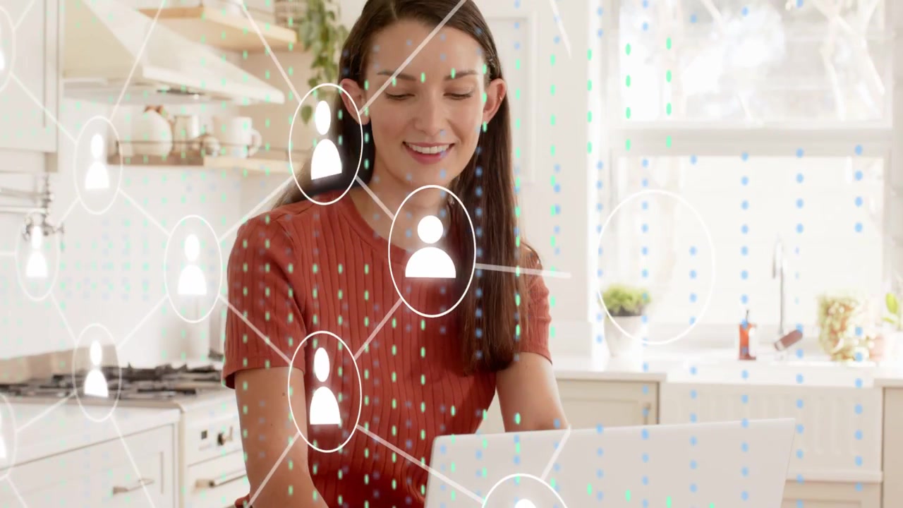 Woman typing laptop keys at counter, causing icons and linking lines growing for tech, sipping