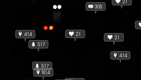 Animación-De-Iconos-Y-Números-De-Redes-Sociales-Sobre-Luces-Desenfocadas-De-Ciudades-Y-Automóviles.