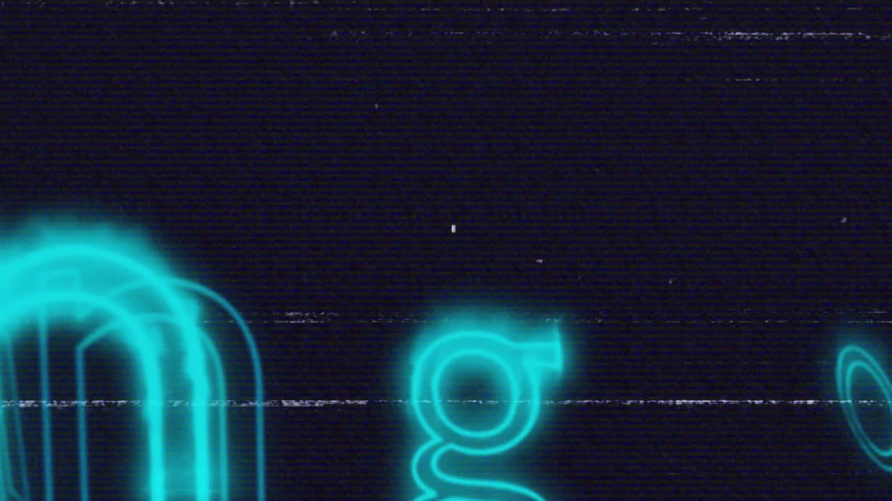 Fragmented neon outlines shifting, causing flickering letter segments assembling Coming Soon text