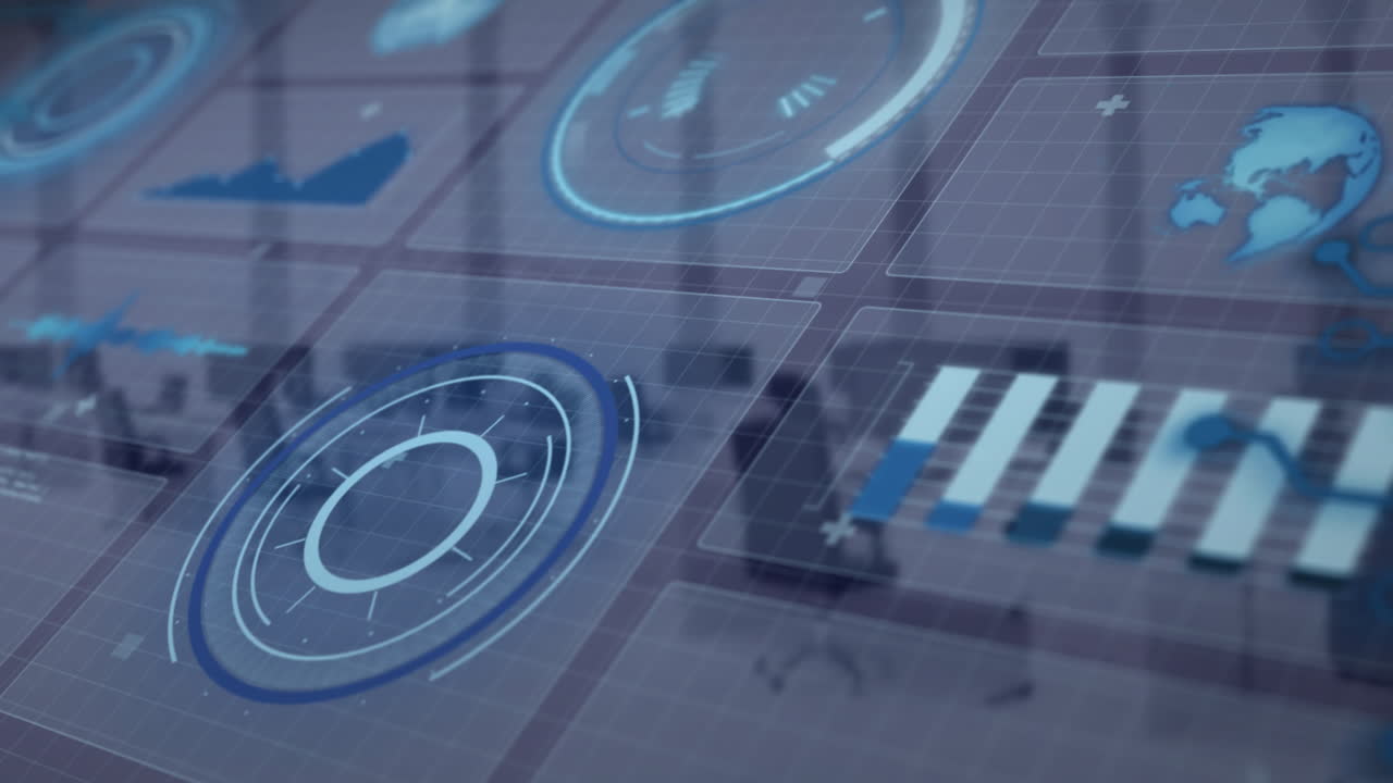 Animation of digital data processing over desks in office