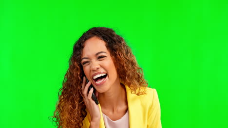 Phone-call,-laugh-and-woman-with-green-screen