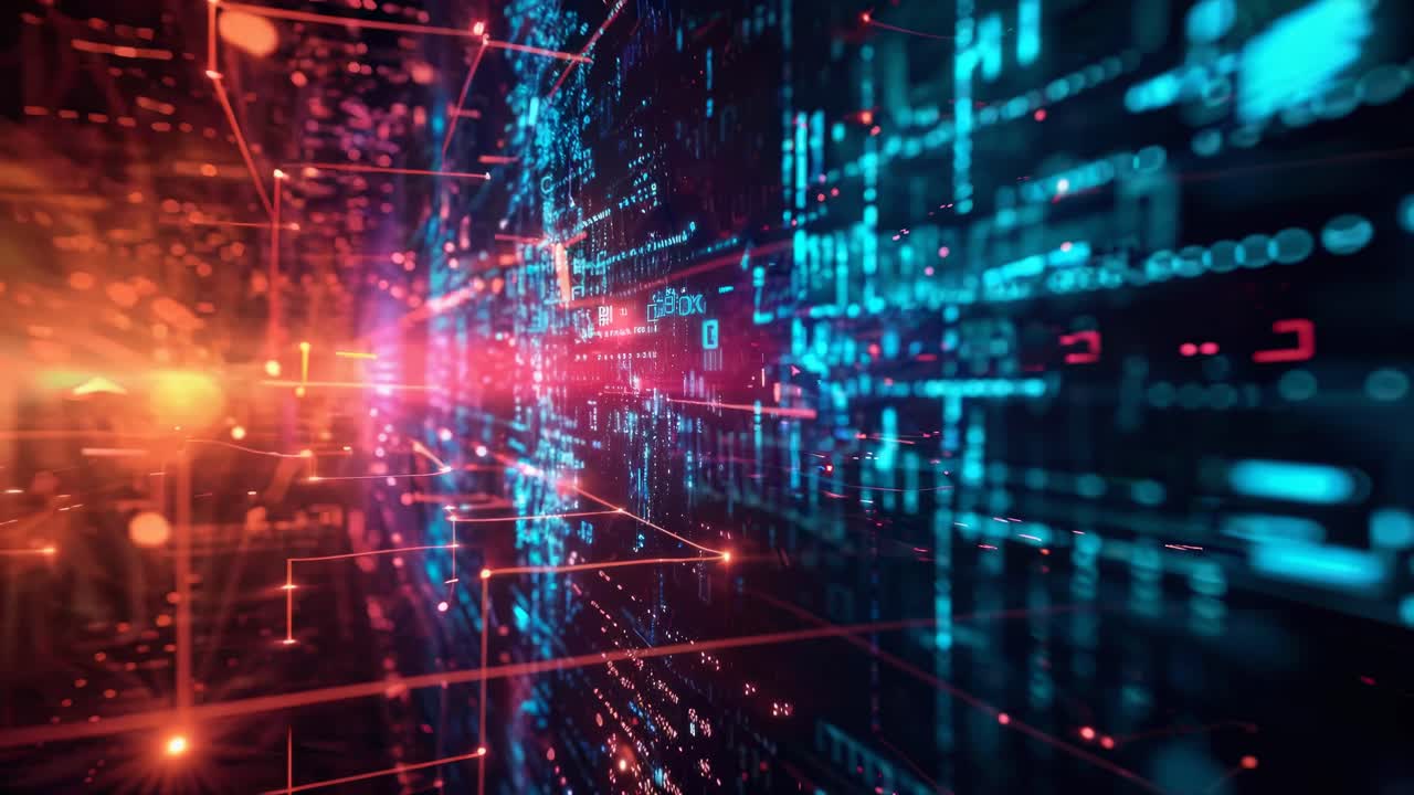 Futuristic digital landscape with glowing data streams video. Live desktop wallpaper