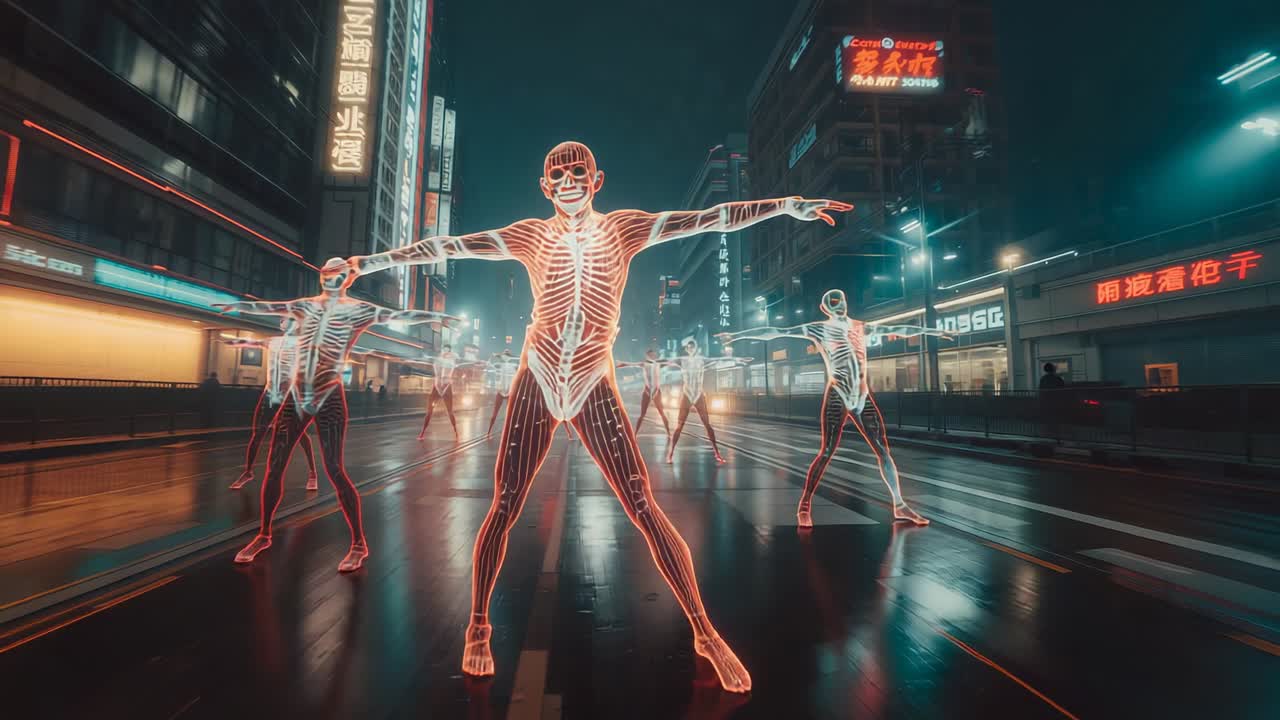 Pushing camera along city street, skeleton dancers pulsing neon outlines to highlight lead figure
