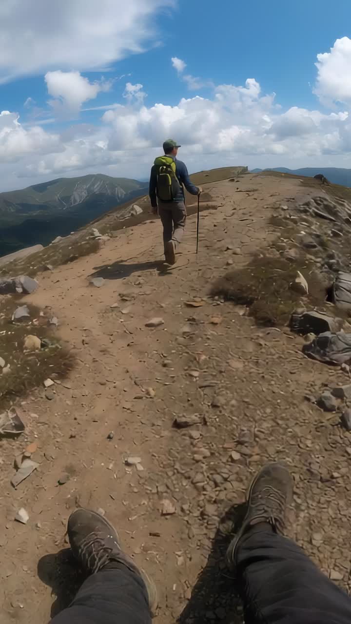 Vertical video: Hiker entering ridge, trekking toward summit with poles, green backpack, copy space