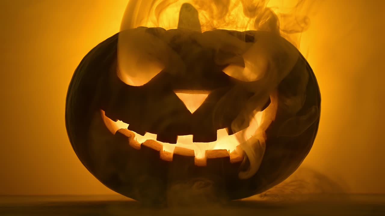 asustadizo y brillante linterna de calabaza en el humo sobre un fondo naranja.