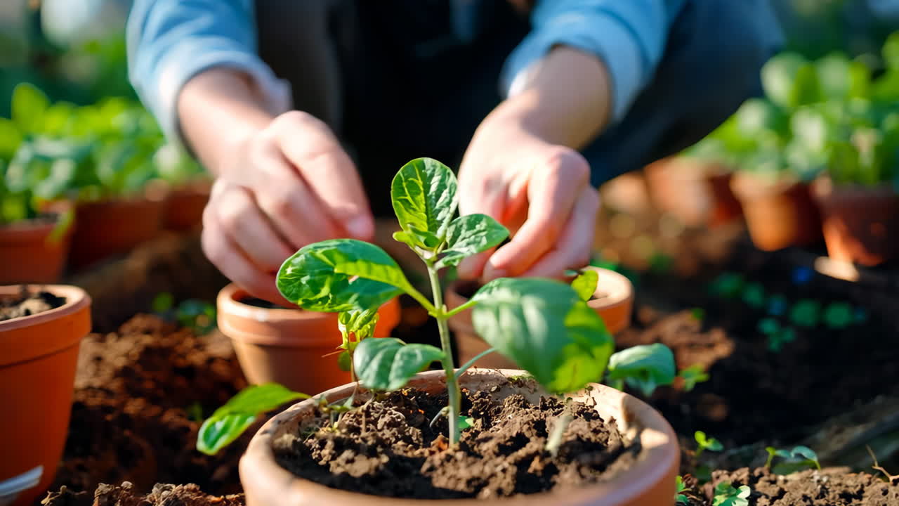 Gardener Planting Young Seedling in a Sunny Greenhouse on Morning. A gardener carefully places a young seedling into a terracotta pot, surrounded by rich soil