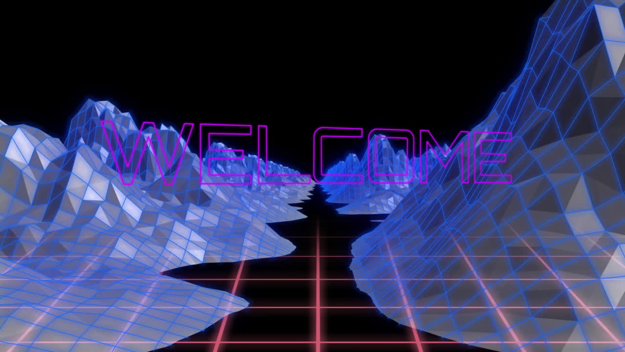 Animation of neon pink WELCOME text over retro 3D grid landscape