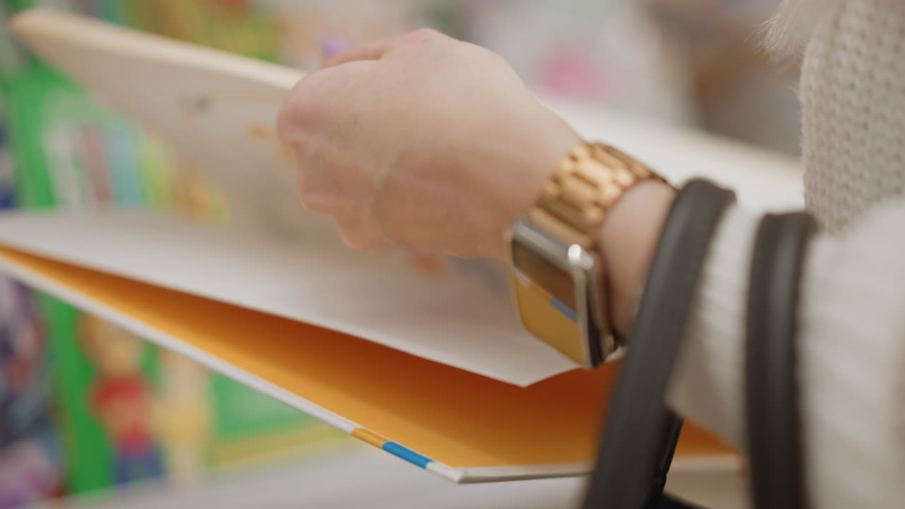 hand of elegant mom hanging her bag while flipping pages of illustrated children textbook filled with drawings and text, showcasing her manicure and watch in bright store aisle