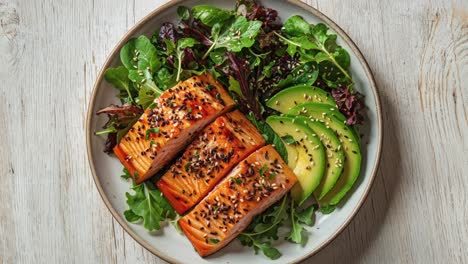 zalm met avocado en gemengde groenten salade