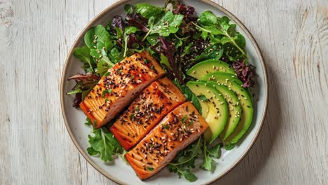 salmon with avocado and mixed greens salad