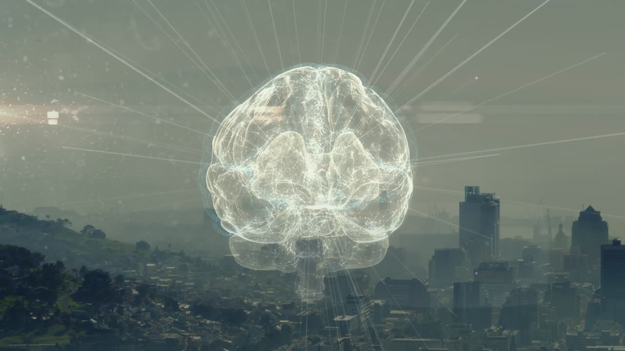 All'avvio, un ologramma di un cervello 3D luminoso che ruota e pulsa, inviando una colonna di luce alla città che mostra la rete.