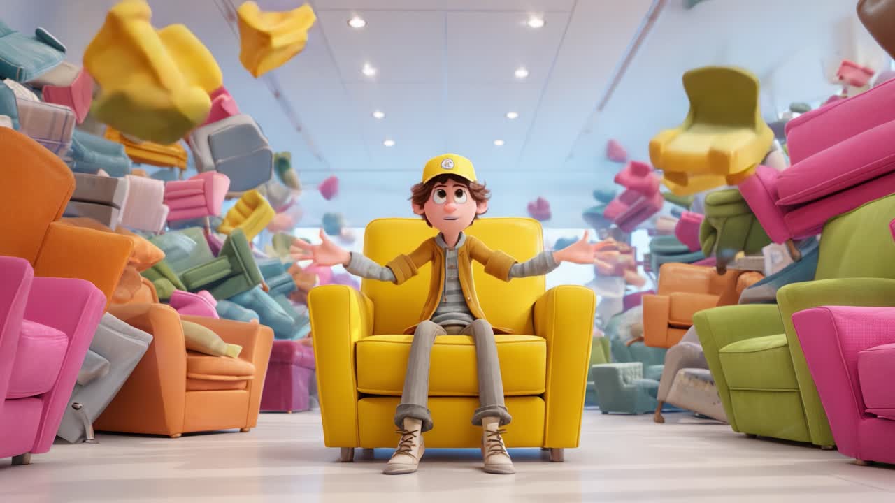 A whimsical scene depicting a joyful character sitting in a vibrant yellow chair amidst a chaotic explosion of colorful furniture around him, celebrating fun and creativity in a playful, animated environment