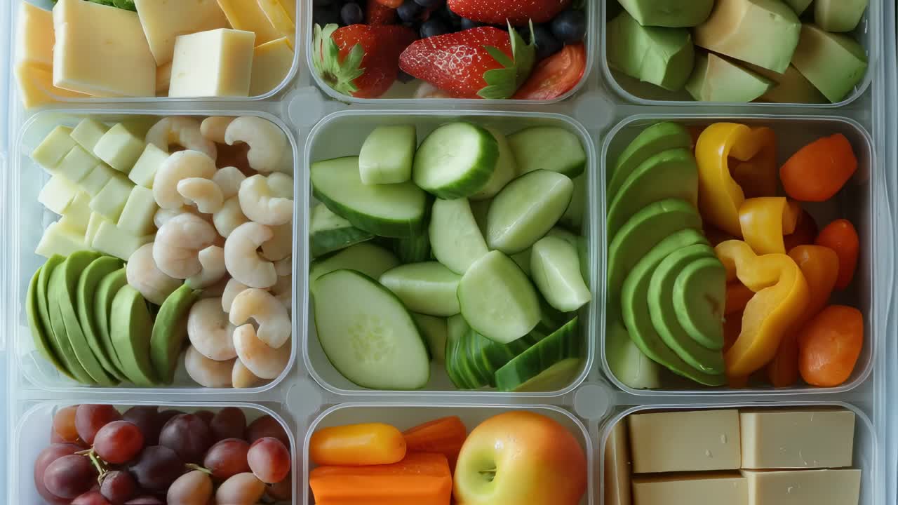 Multiple lunchboxes filled with sliced cucumbers, strawberries, blueberries, apple, cheese, avocado, bell peppers, carrots and shrimps offer a healthy and visually appealing meal
