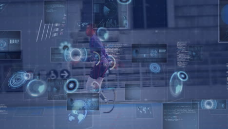 teenage boy athlete propelling ahead in sports facility, with holographic graphs displaying metrics