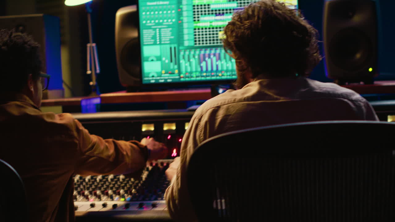 Audio expert and musician mixing and mastering tracks on control room console