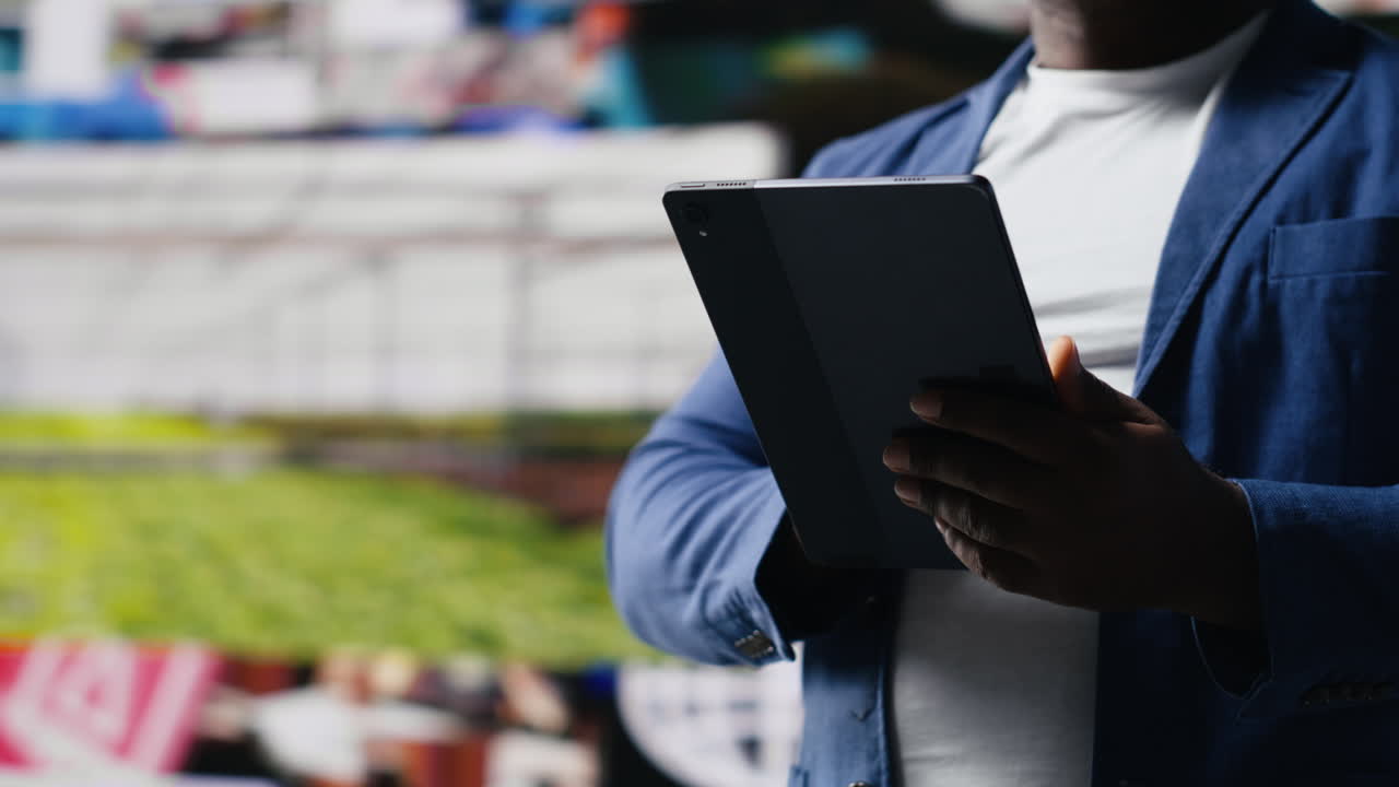 Black social network user oversees dashboards with dynamic interfaces