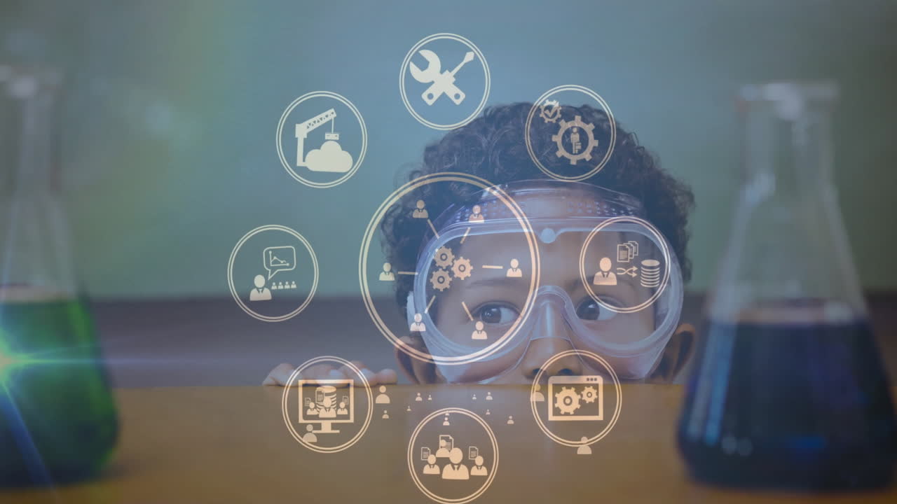 animación de icono en círculos sobre niño biracial con gafas mirando video en teléfono celular