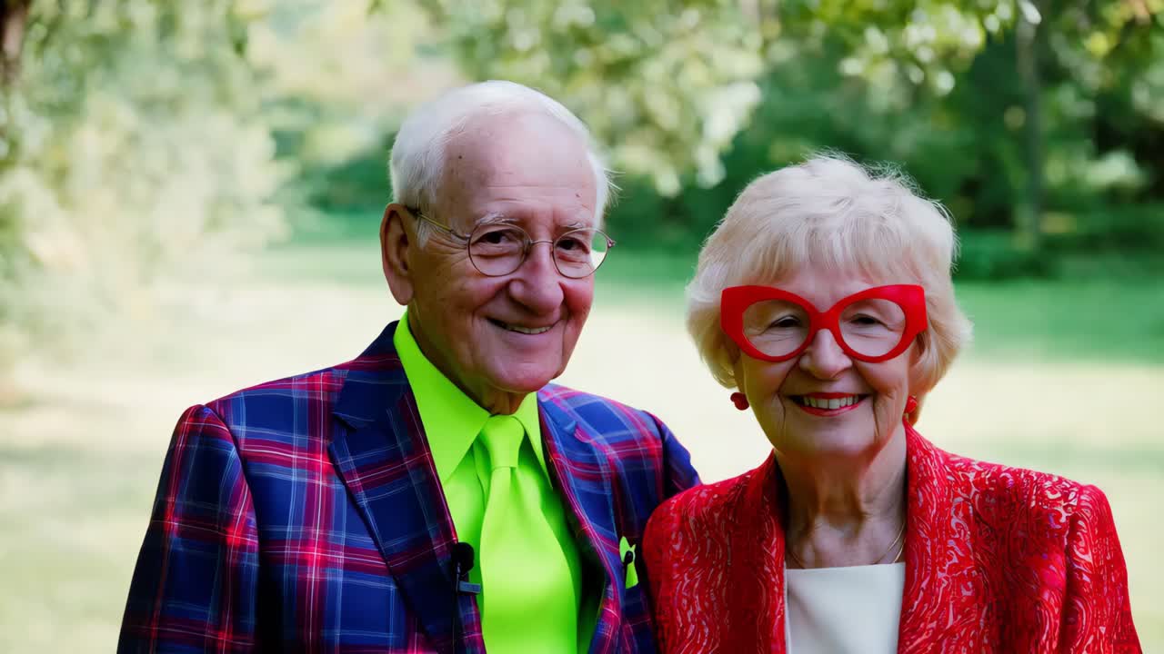 una pareja de mayores con estilo en un parque.