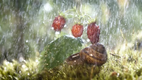 close-up wildlife of a and wild strawberries and snail in heavy rain in the forest. shot on super slow motion camera 1000 fps.