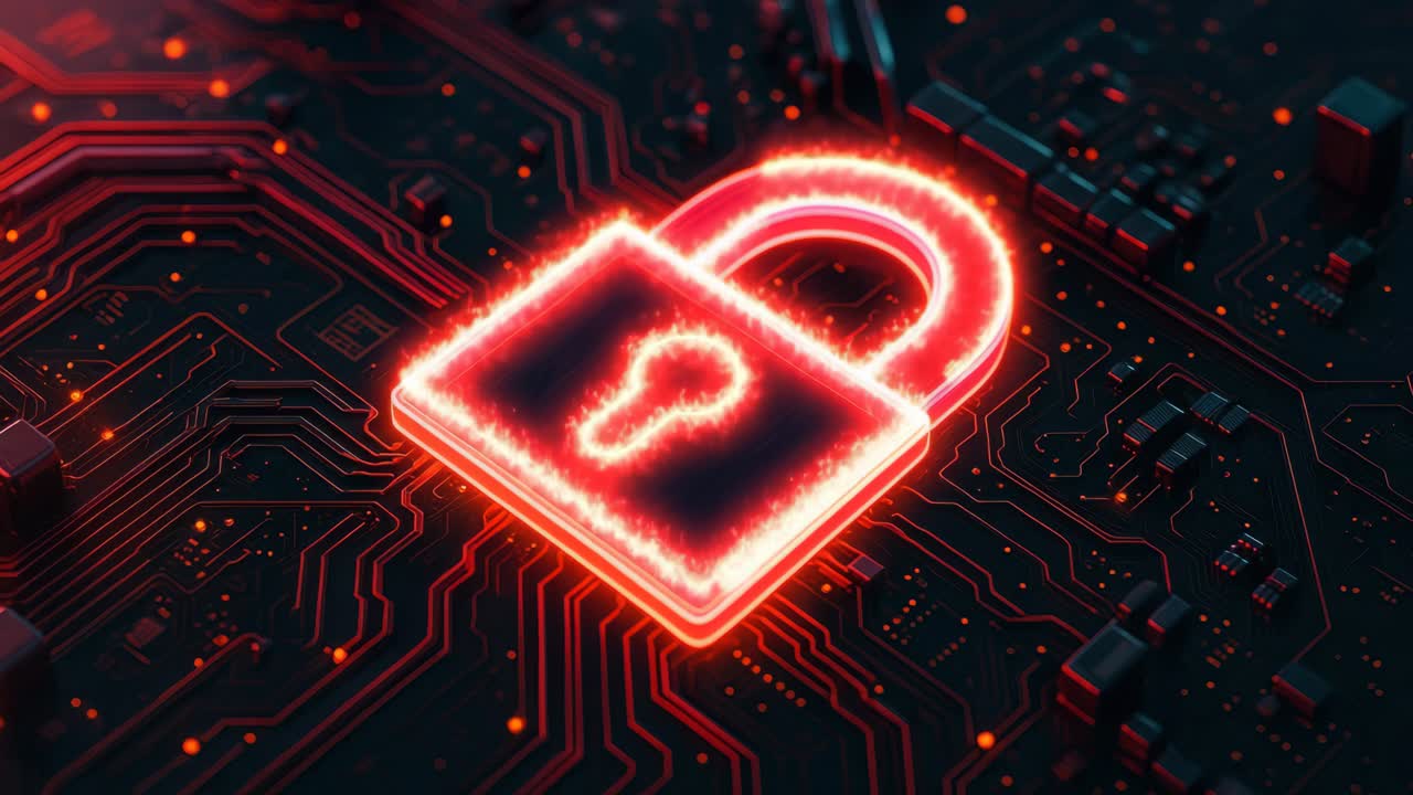 A glowing red padlock hovers over a circuit board, symbolizing cybersecurity