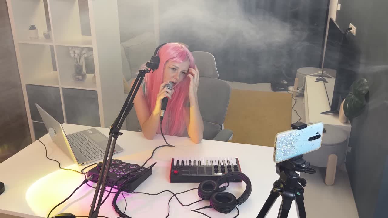 가정 녹음 스튜디오 에서 노래 하는 여자