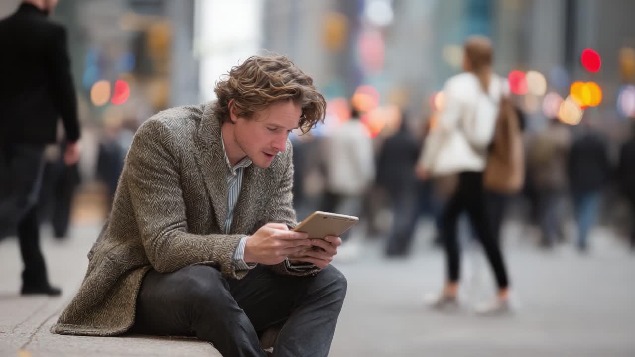 A Focused Individual Amidst a Busy Urban Landscape, Engaging with Technology on a Tablet, Capturing the Contrast Between Isolation and Connectivity