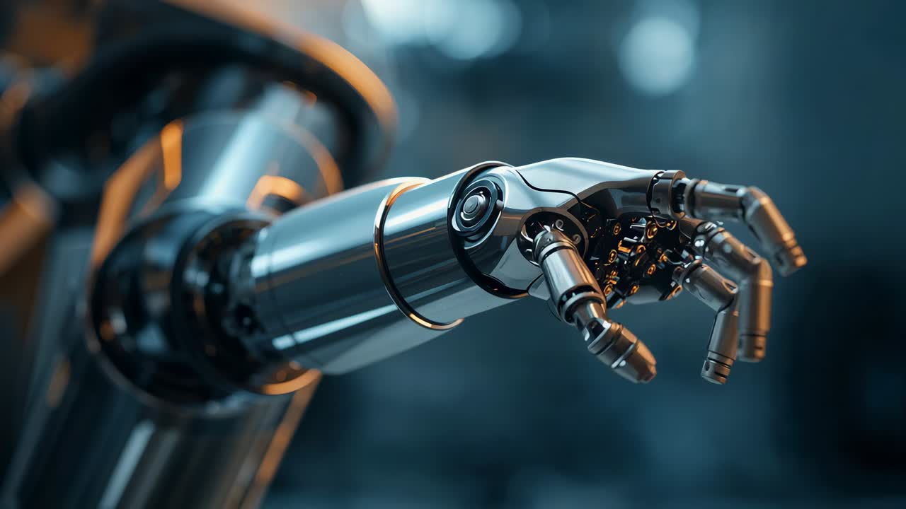 Receiving command, polished robotic arm rotating wrist and curling fingers for grip test in lab