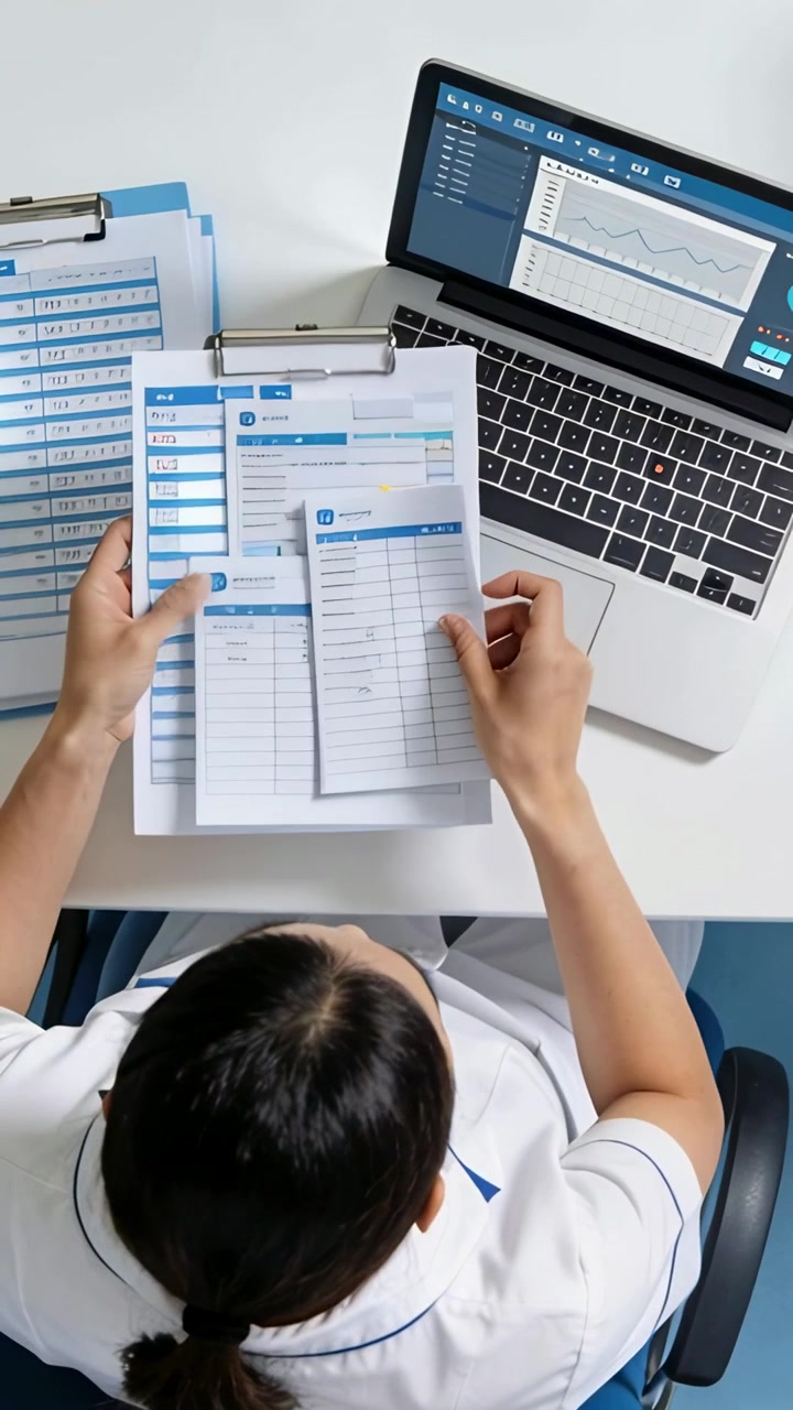 Vertical video: Seeing laptop, nurse in white scrubs sorting clipboards and prepping files at desk