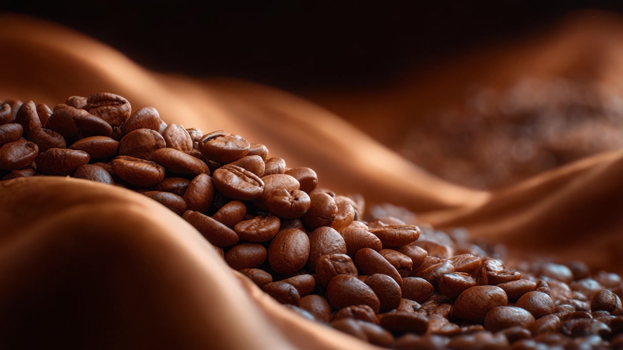 Chicchi di caffè aromatici ammucchiati su uno sfondo di tessuto pregiato, che catturano l'essenza del caffè appena tostato e la qualità che si assapora in ogni chicco.