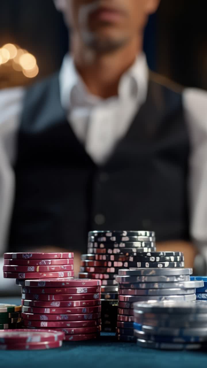 Un giocatore d'azzardo concentrato riorganizza strategicamente le colorate fiches da poker in un'intensa atmosfera da casinò, evidenziando la tensione e l'anticipazione per la prossima mano di carte.