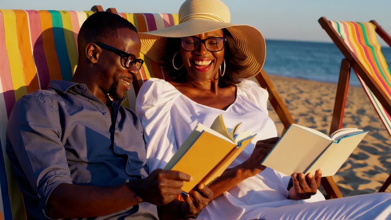 Happy Couple Reading Books on a Beach at Sunset